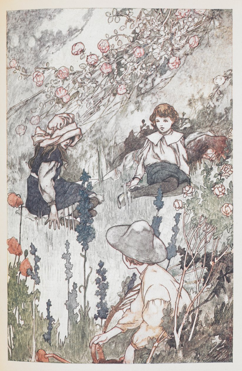 Børnene i den hemmelige have: Mary Lennox, Colin Craven og Dickon Sowerby. af Charles Robinson