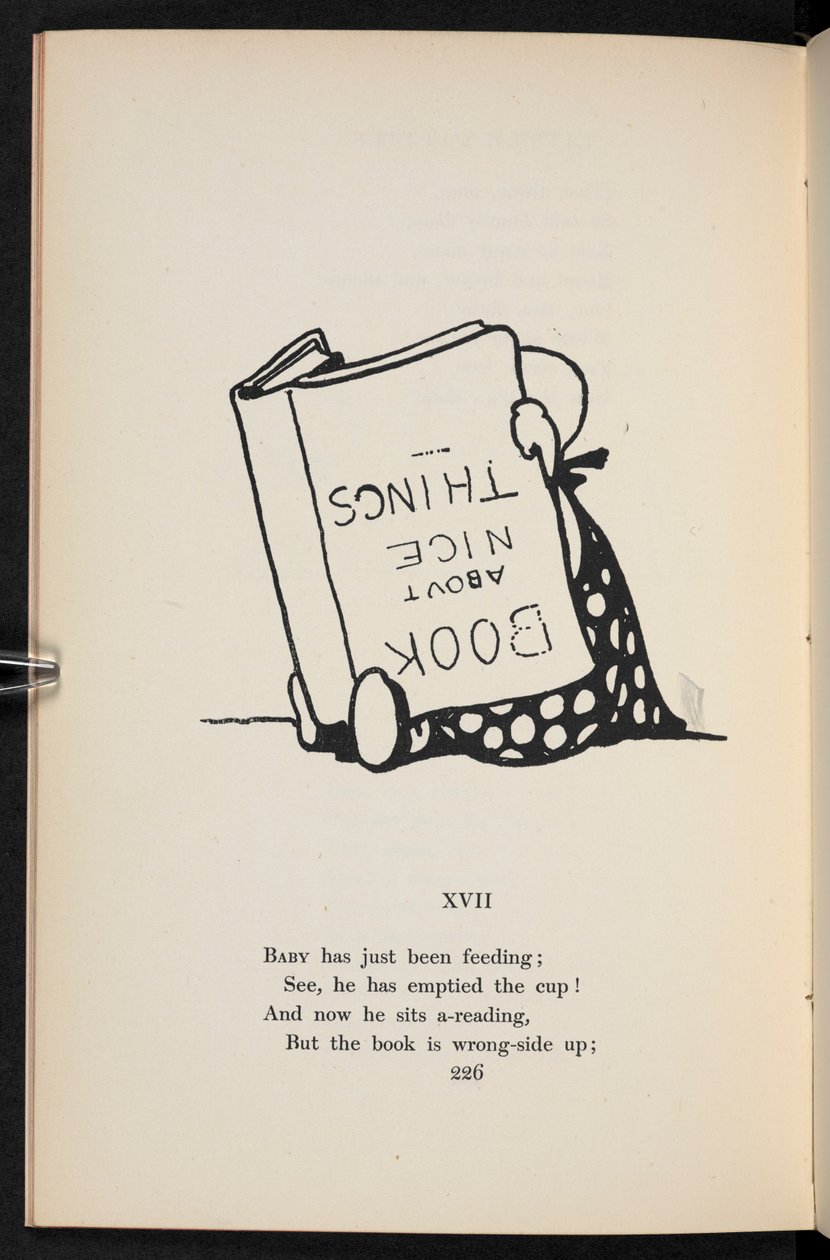XVII.
Et rim. Et barn læser en bog på hovedet. af Charles Robinson