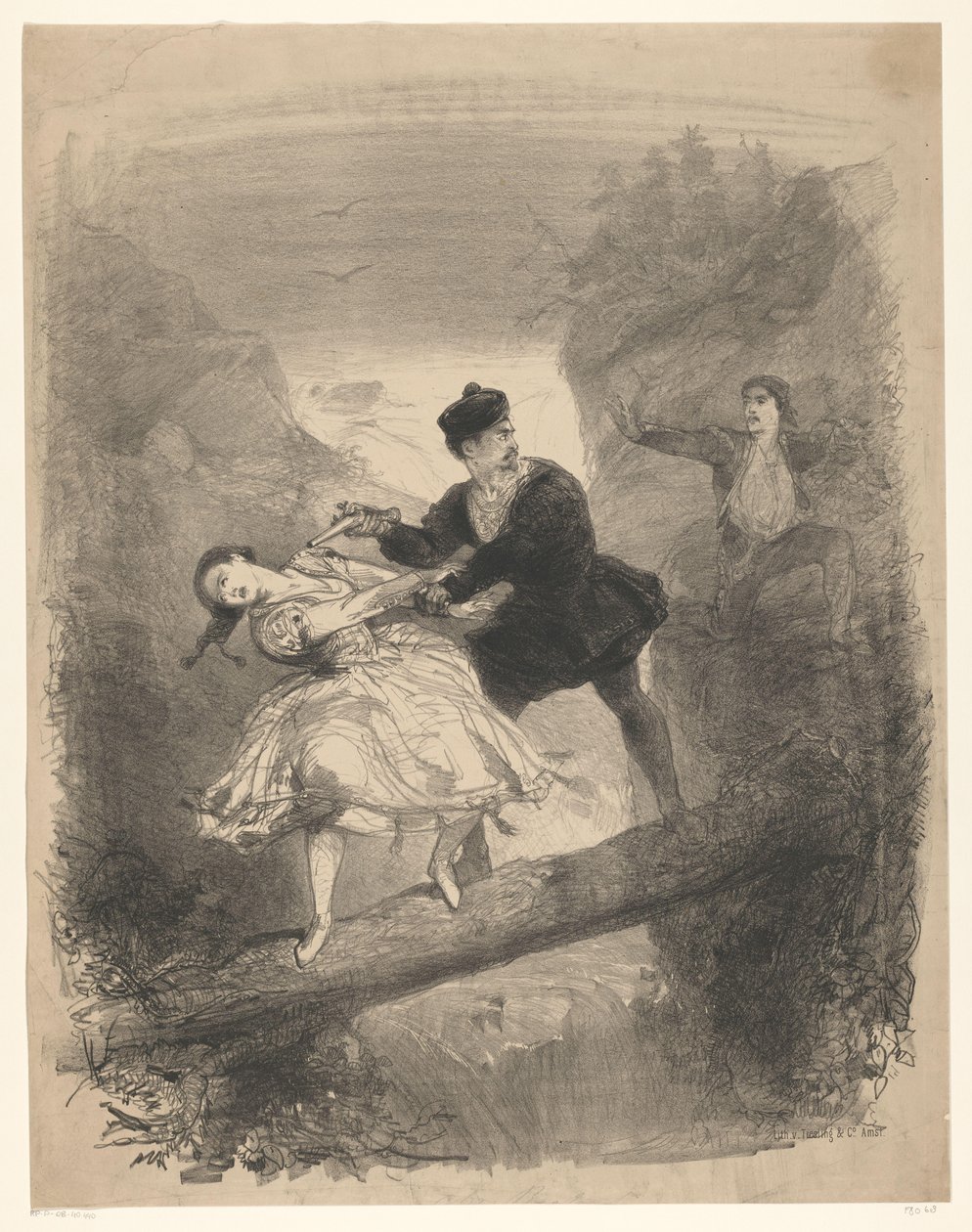 Balletscene med mand og kvinde over afgrunden Annoncering Billetter til balletter og skuespil opført i Amsterdam City Theatre (serietitel) af Charles Rochussen