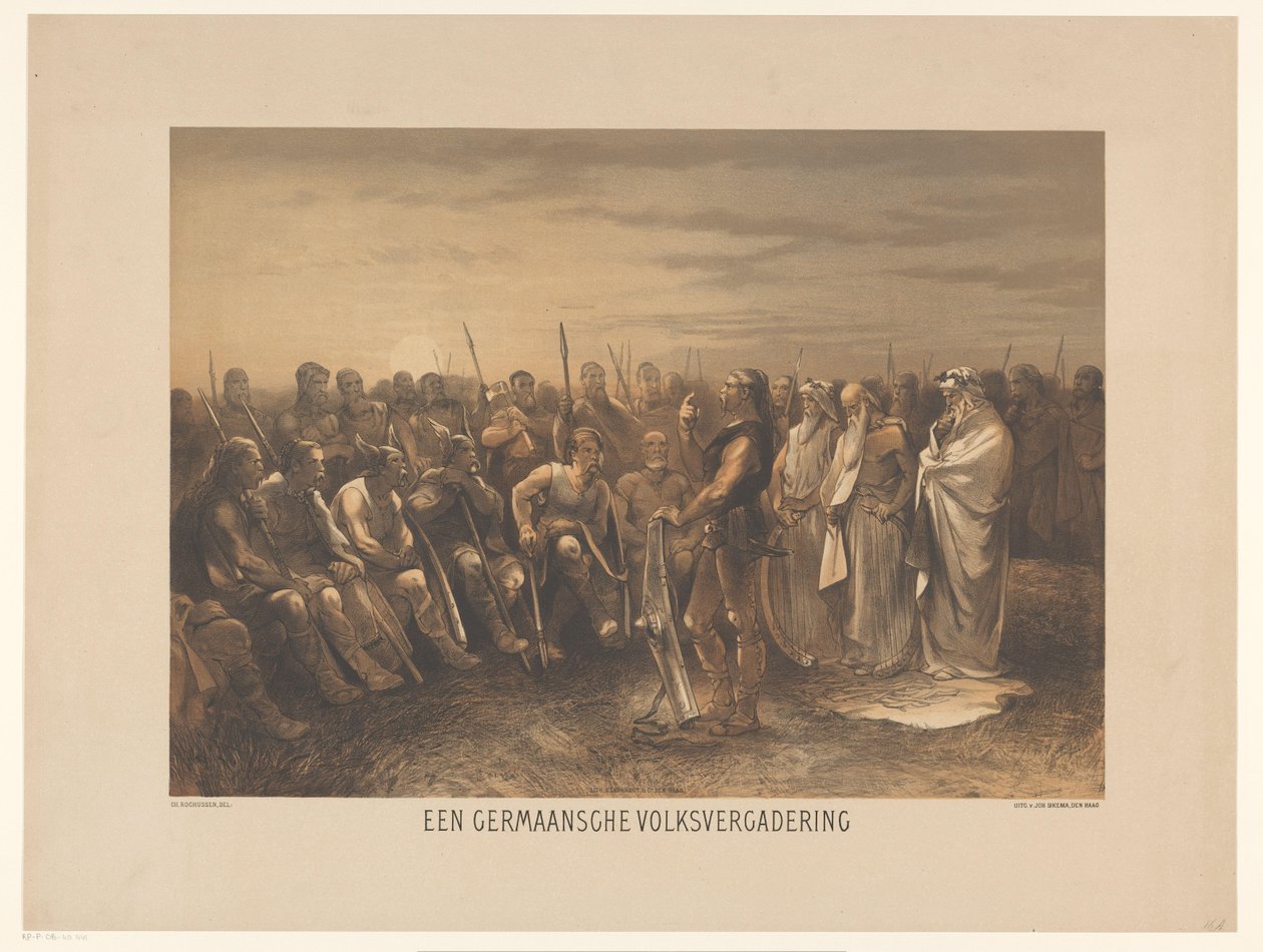 germansk forsamling En germansk folkeforsamling (titel på objekt) Serie på 24 nationale historieplader, for skole og hjem (serietitel) af Charles Rochussen