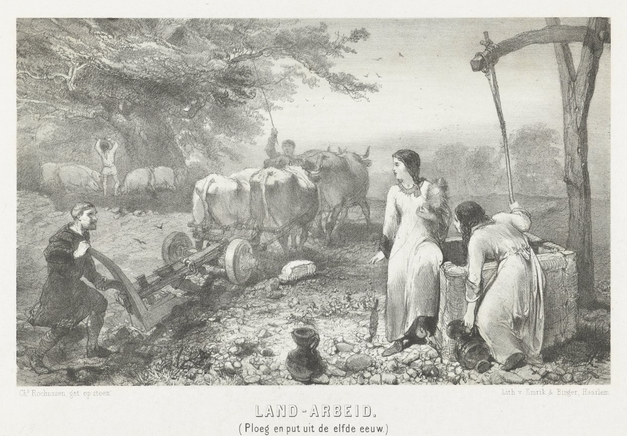 Landarbejde (plov og brønd fra det ellevte århundrede) (titel på objekt) af Charles Rochussen