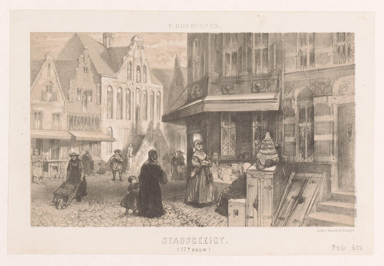 Folk på gaden Bybillede (1600-tallet) (titel på objekt) af Charles Rochussen