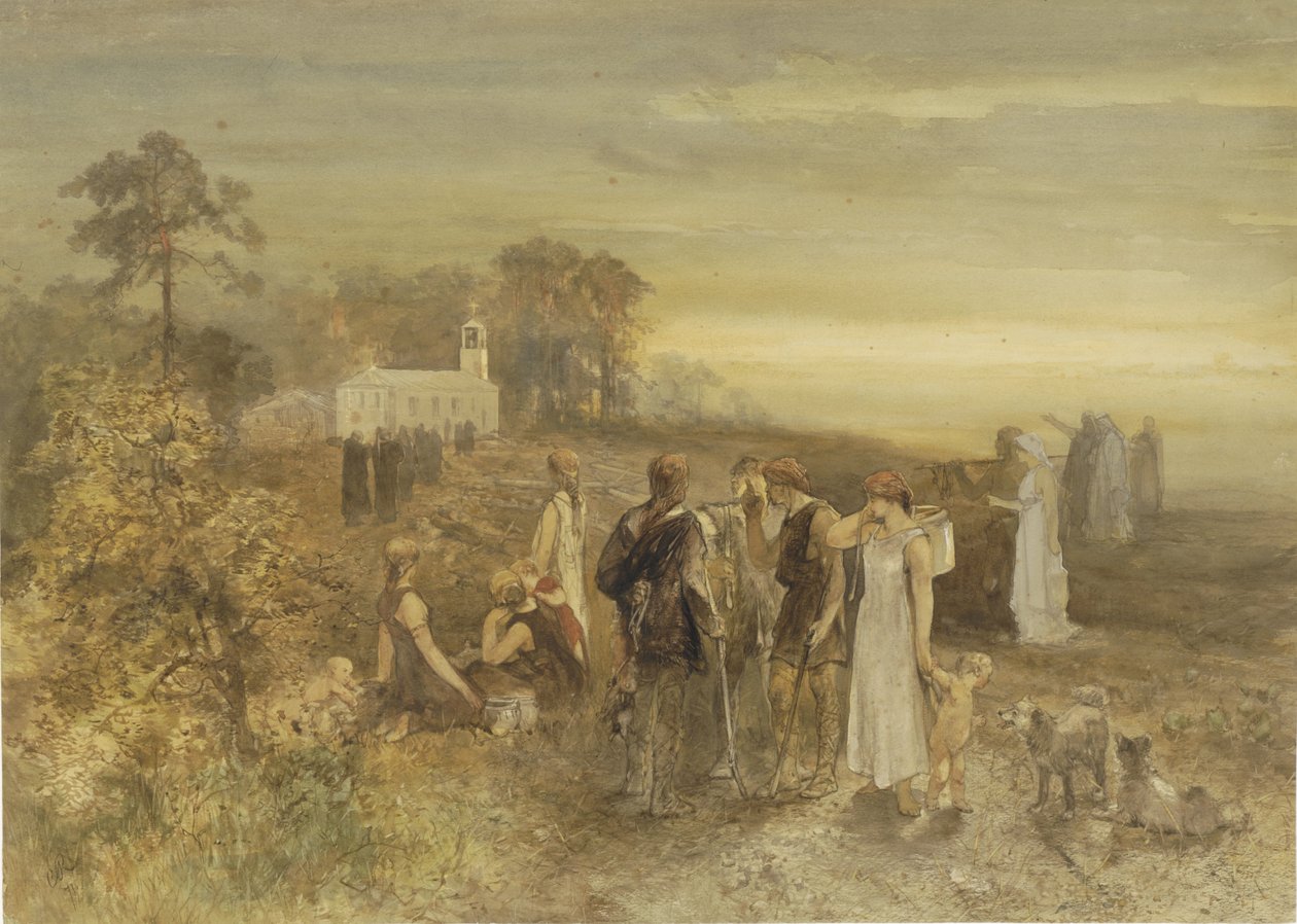 Munke går til en kirke, overvåget af en gruppe tyskere af Charles Rochussen