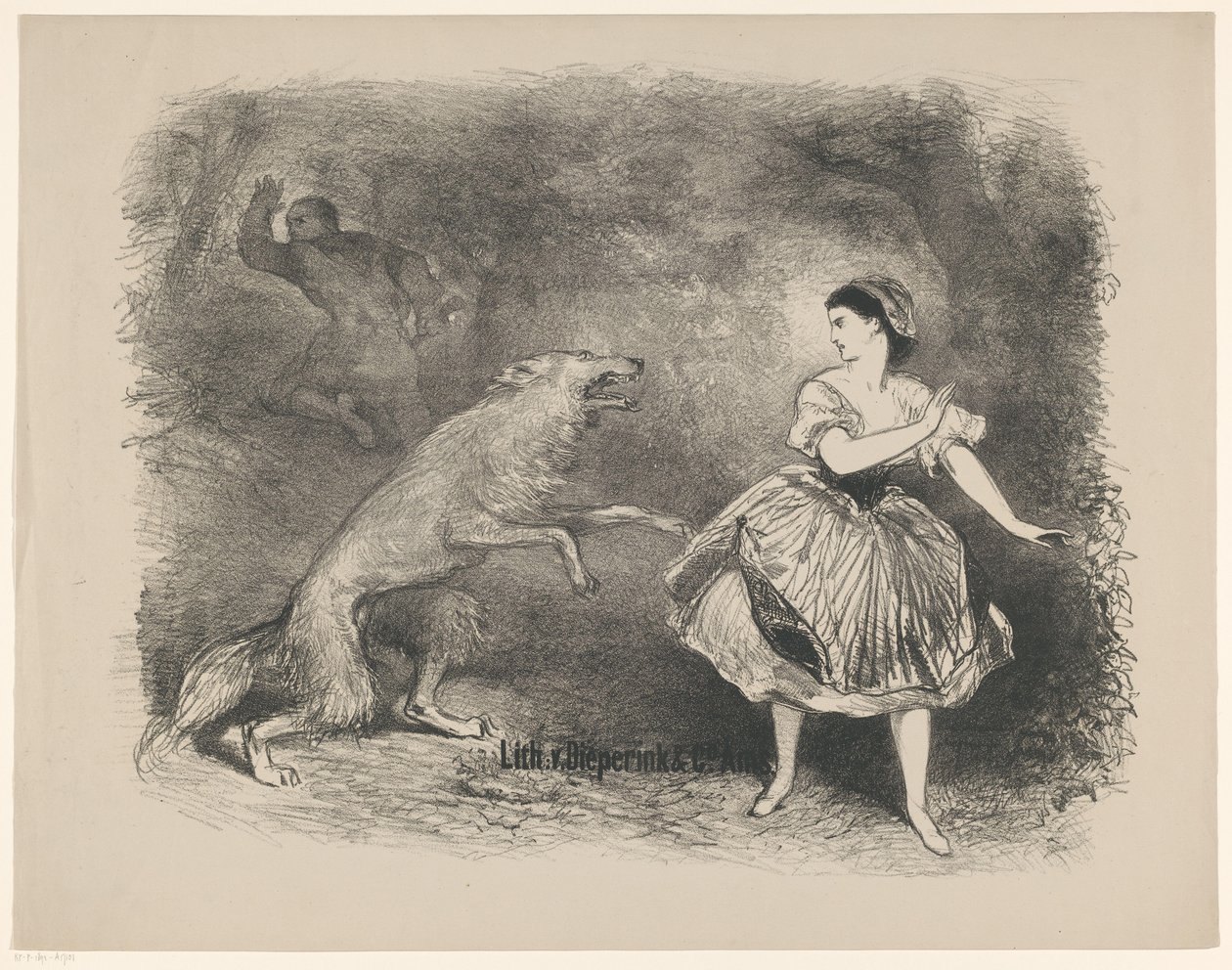 Scene fra balletten Rødhætte og ulven Meddelelser om balletter og skuespil opført i Amsterdam City Theatre (serietitel) af Charles Rochussen