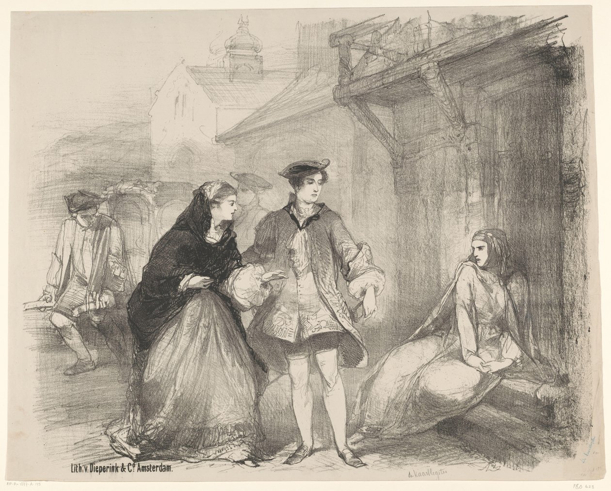 Scene fra stykket The Cardlayer Annoncering Billetter til balletter og skuespil opført i Amsterdam City Theatre (serietitel) af Charles Rochussen