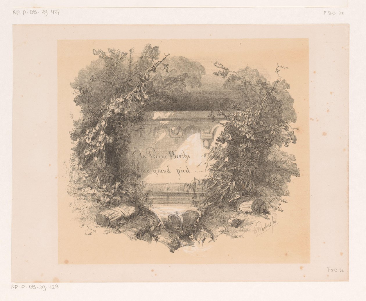 Titel på væg i landskab Titelside for: Jacques Collin de Plancy, La Reine Berthe au grand pied, 1842 af Charles Rochussen