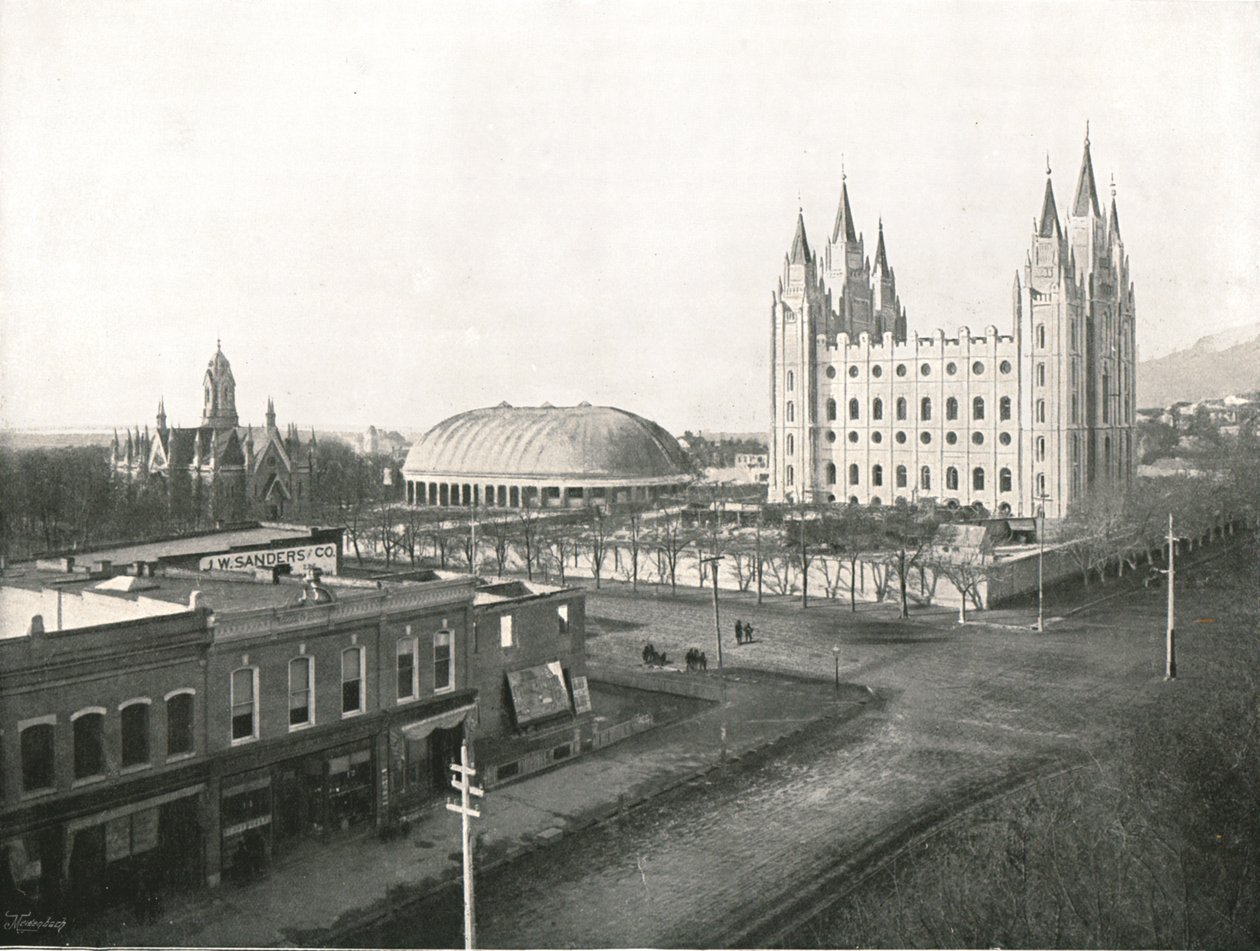 Forsamlingshuset, Tabernaklet og Mormontemplet, Salt Lake City, USA, 1895. af Charles Roscoe Savage