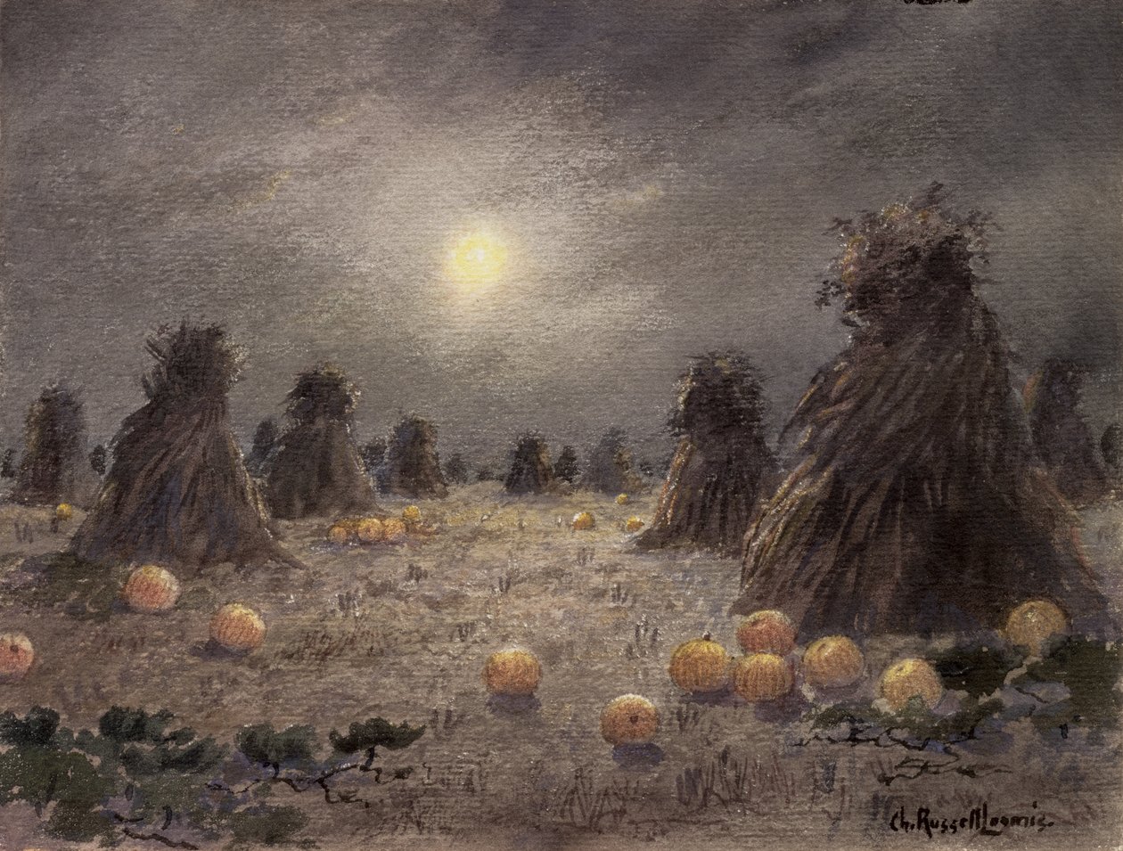 Autumn Harvest by Moonlight (wc på papir) af Charles Russell Loomis