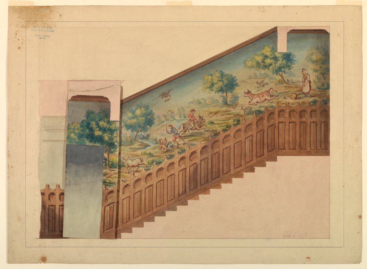 Design med overlæg til en del af trappen i Château-sur-Mer, Newport, Rhode Island af Charles Salagnad, French