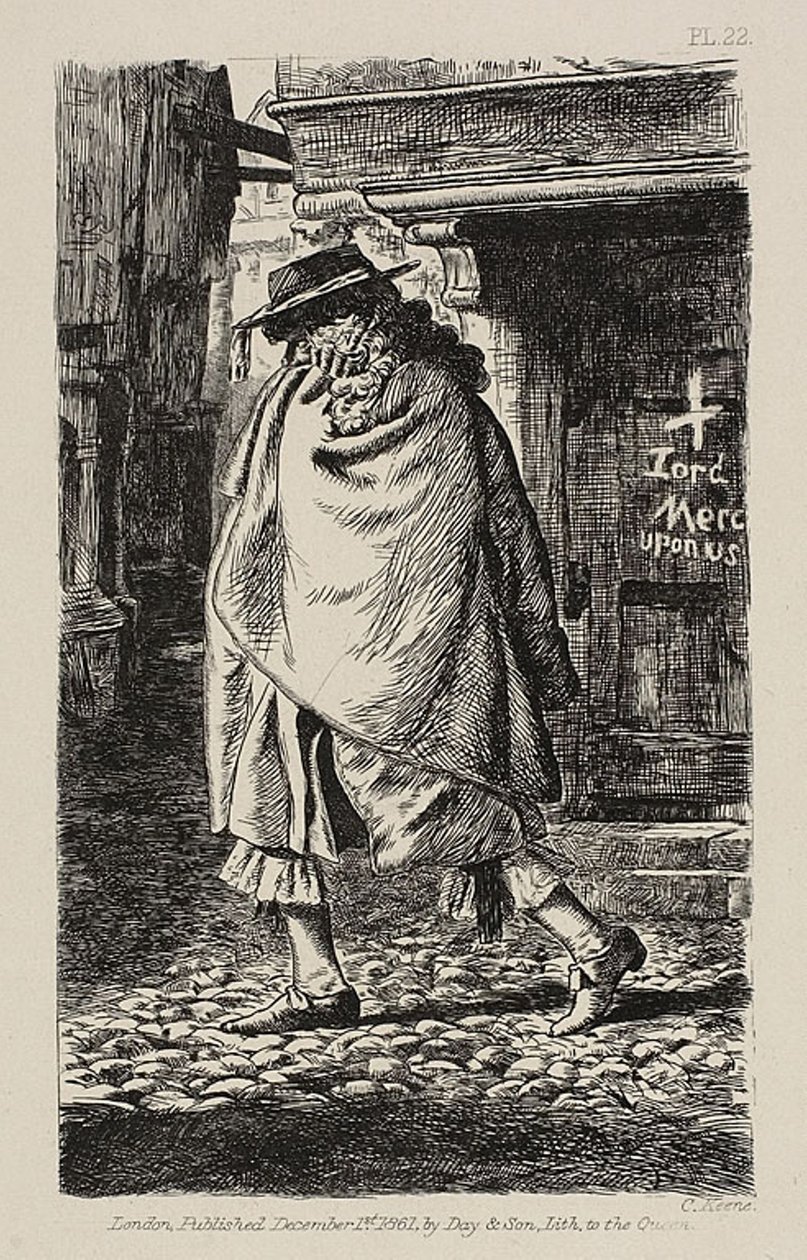 En beklædt figur, der passerer gennem gaden (på pestens tid i London) af Charles Samuel Keene