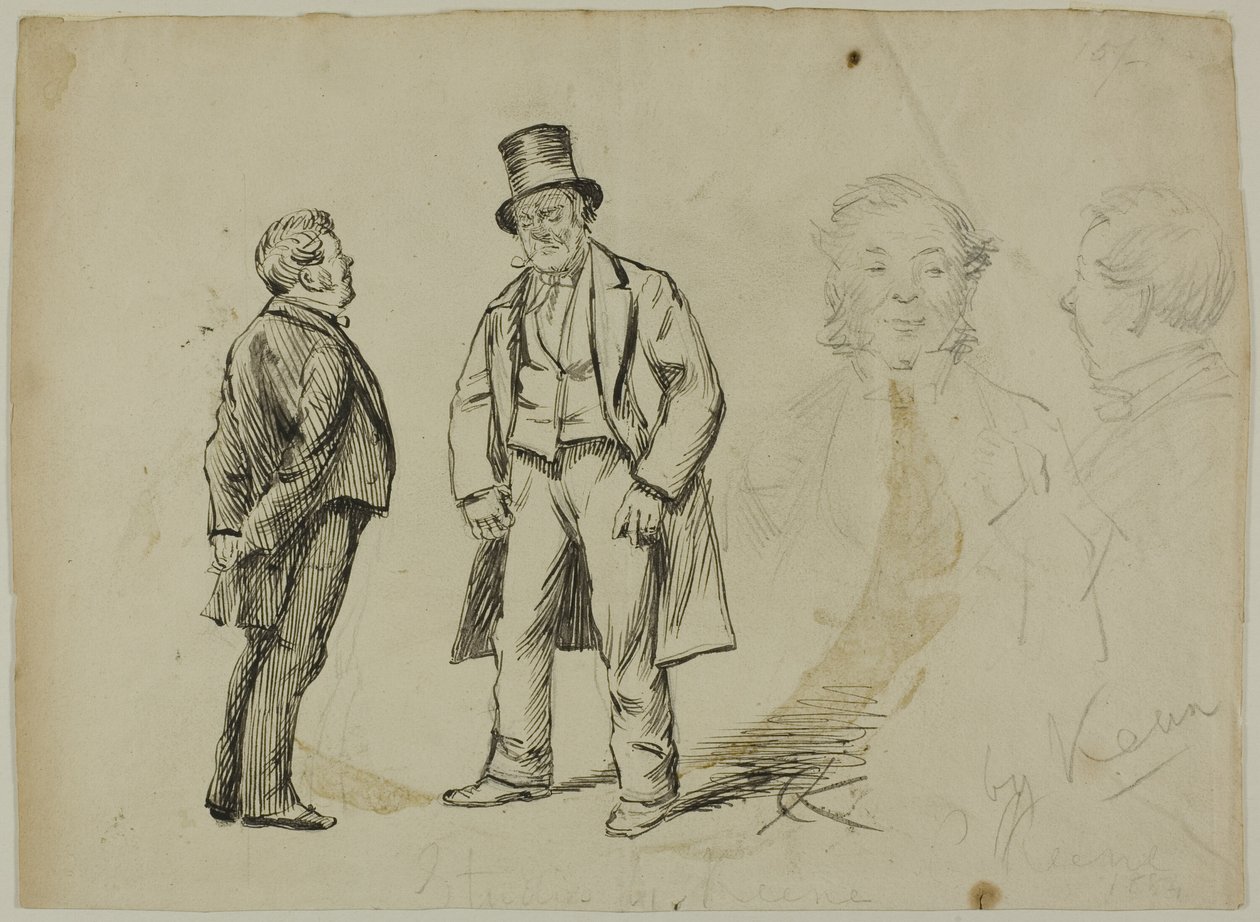 Skitse af to stående mænd og to portrætter af Charles Samuel Keene