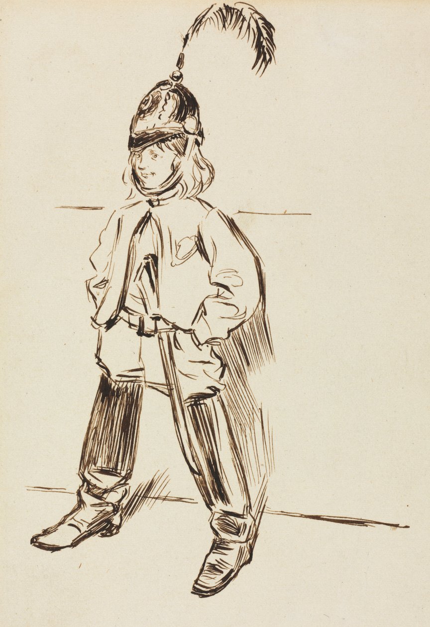 Studie af et barn i hjelm og støvler af Charles Samuel Keene