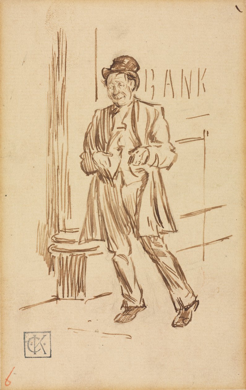 Studie af en beruset mand, der passerer en bank. af Charles Samuel Keene