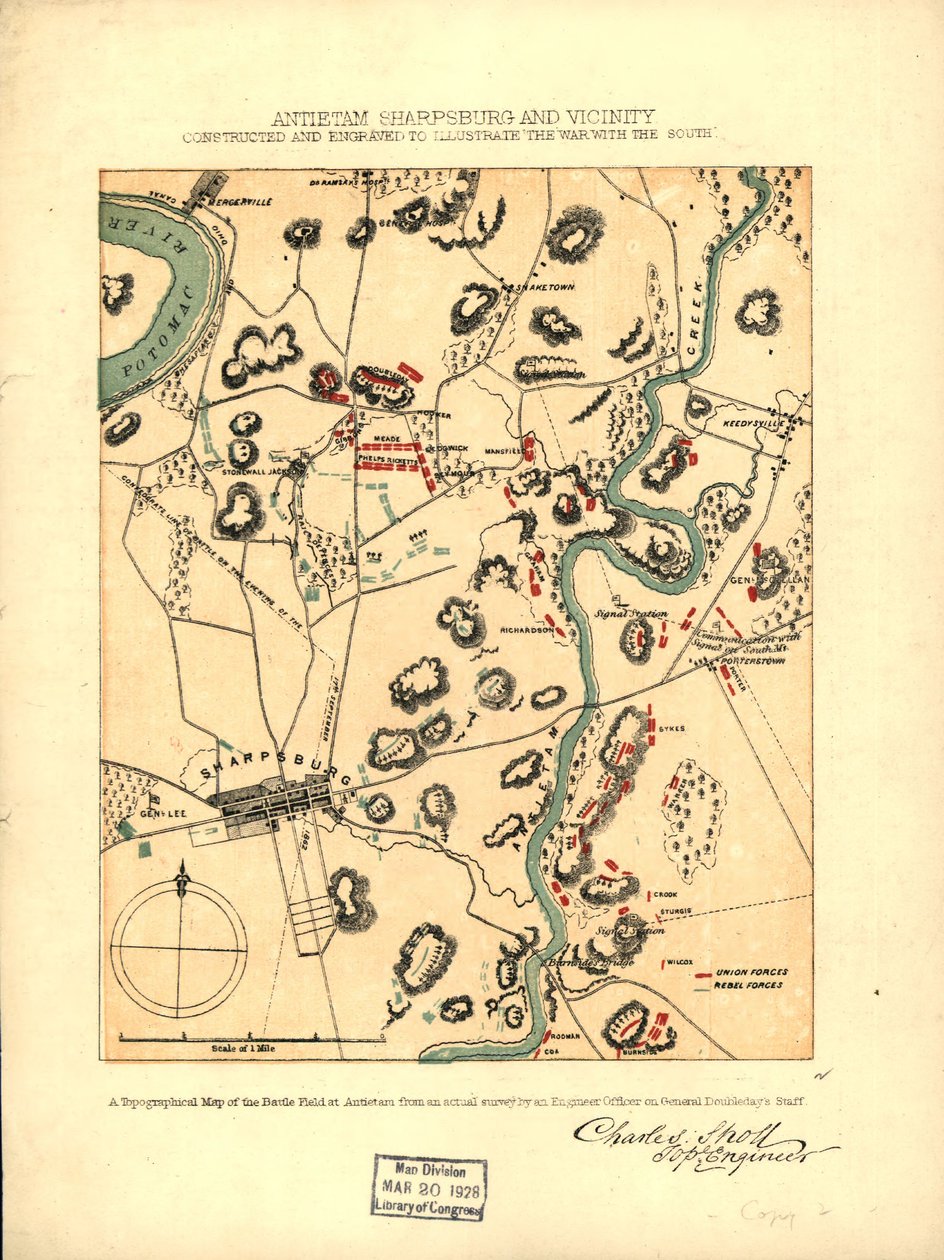 Antietam Sharpsburg og omegn. Konstrueret og graveret for at illustrere "The war with the South" LOC 99466713 af Charles Sholl