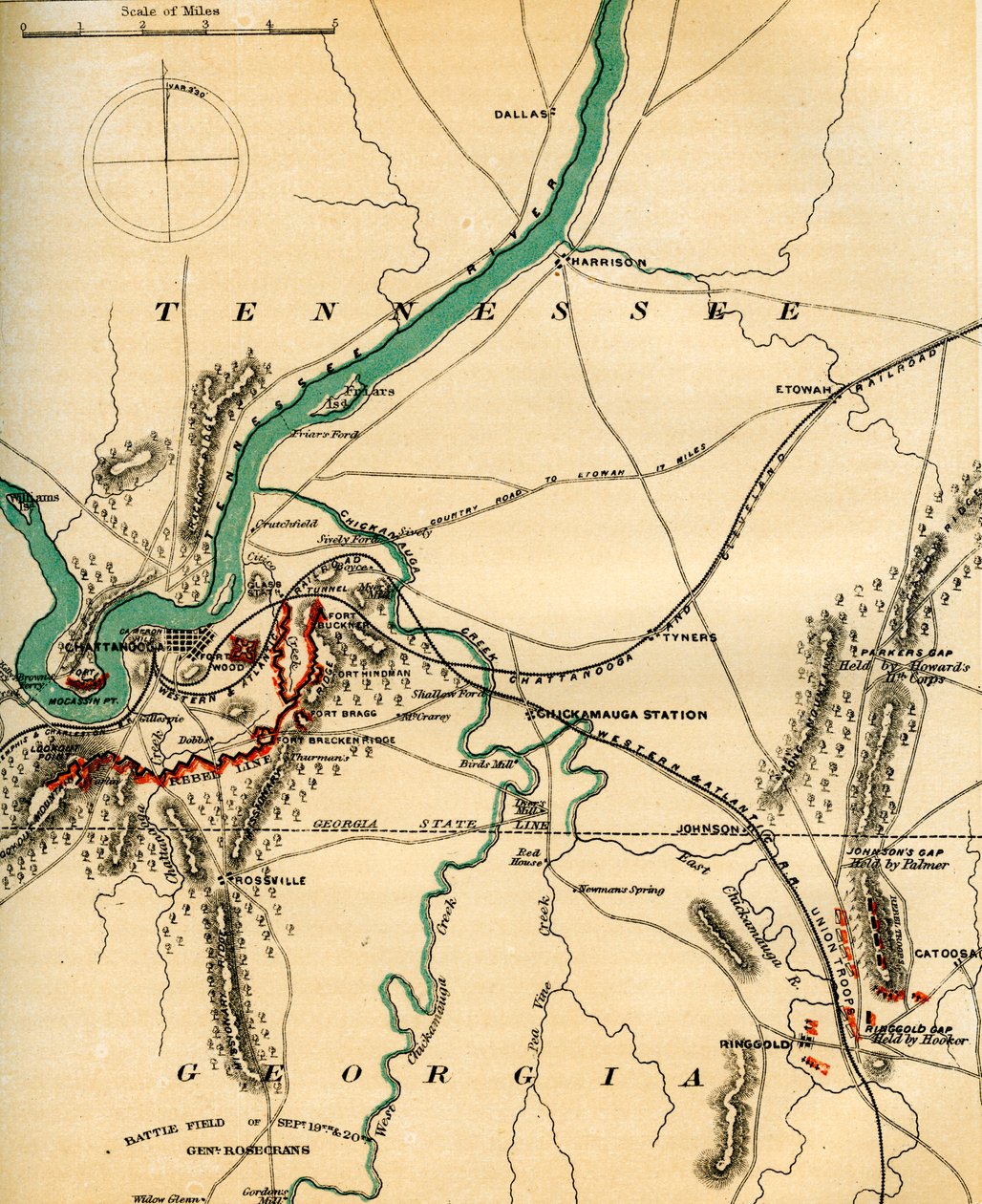 Kort over Chattanooga og dets forsvar, Tennessee, 1862-1867. af Charles Sholl