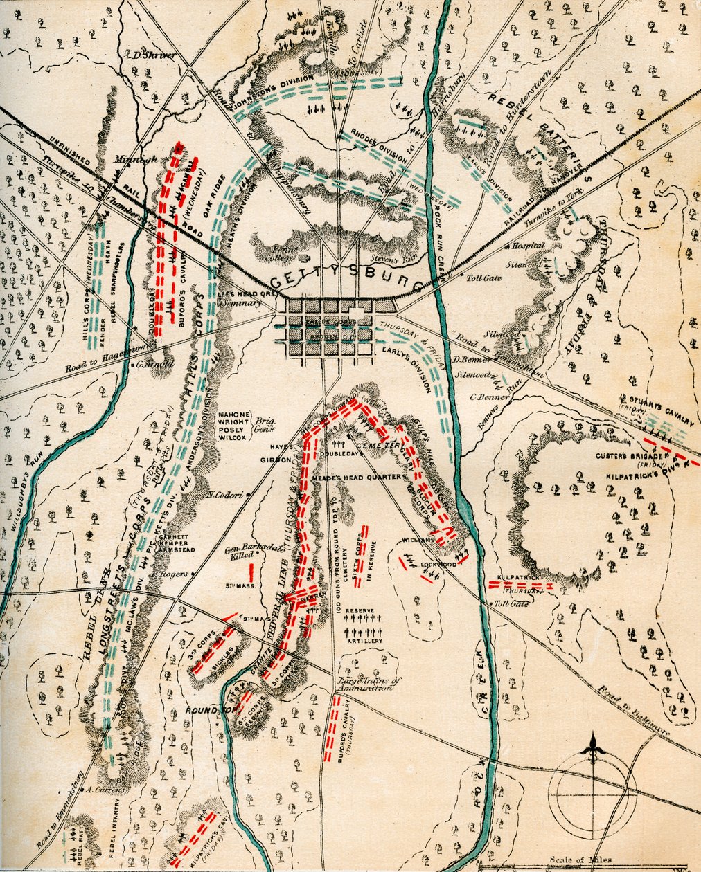 Kort over slaget ved Gettysburg, Pennsylvania, 1-3 juli 1863 1862-1867. af Charles Sholl