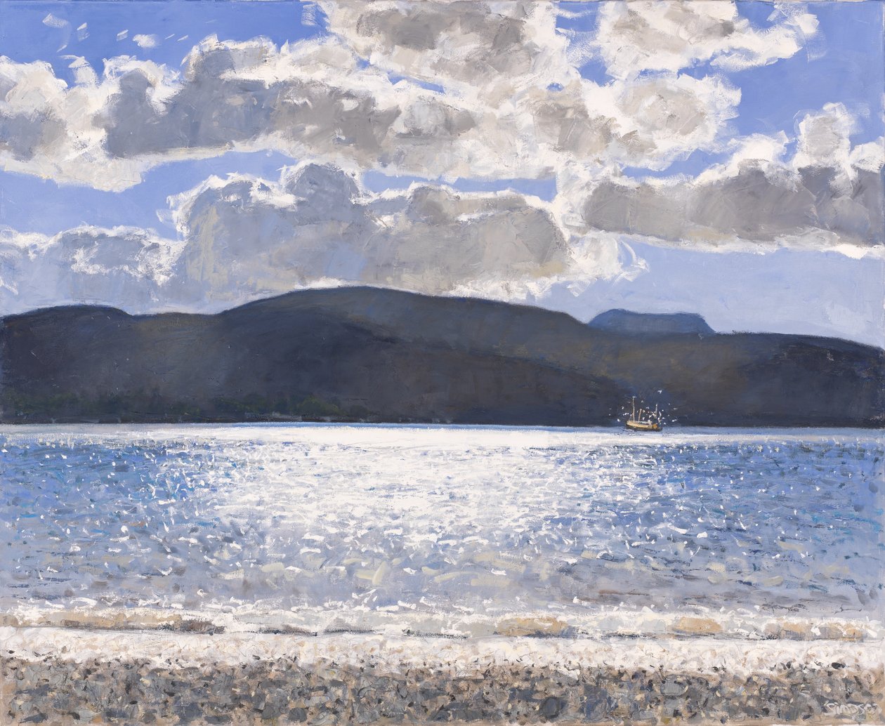 Fiskebåd, Loch Broom, 2017 (olie på lærred) af Charles Simpson