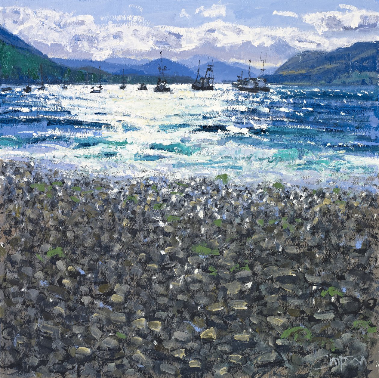 Ullapool Shore, 2011 (olie på lærred) af Charles Simpson