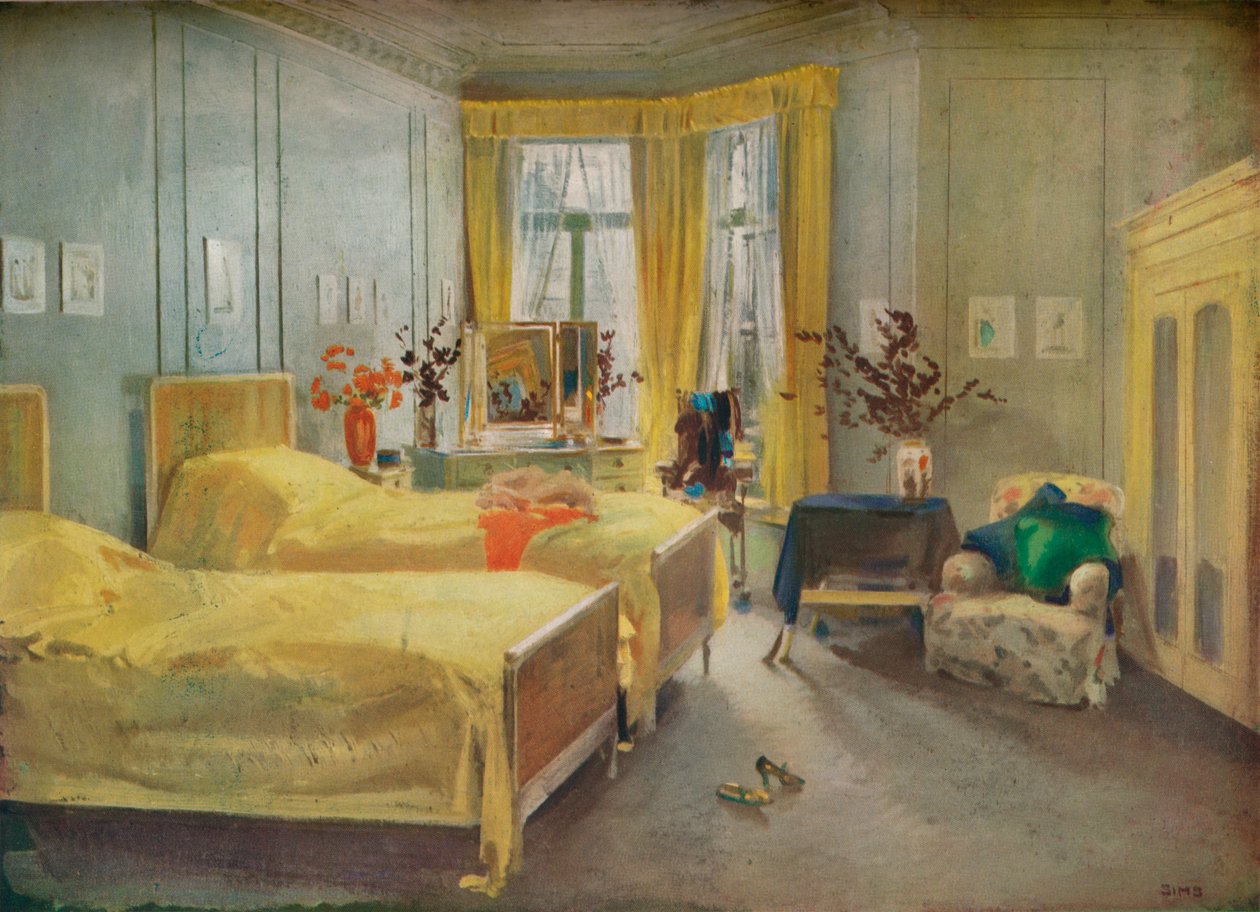 An Interior Scene: et soveværelse designet af Mme. Gloria Silva på Hotel Metropole, London, 1922 af Charles Sims