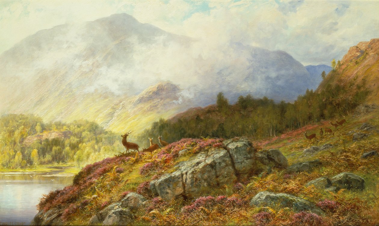Hjorte i et højlandslandskab (olie på lærred) af Charles Stuart