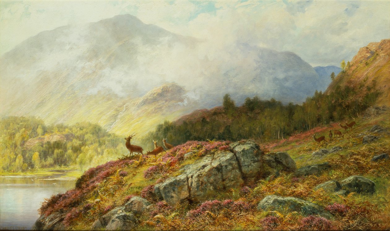 Hjorte i et højlandslandskab (olie på lærred) af Charles Stuart