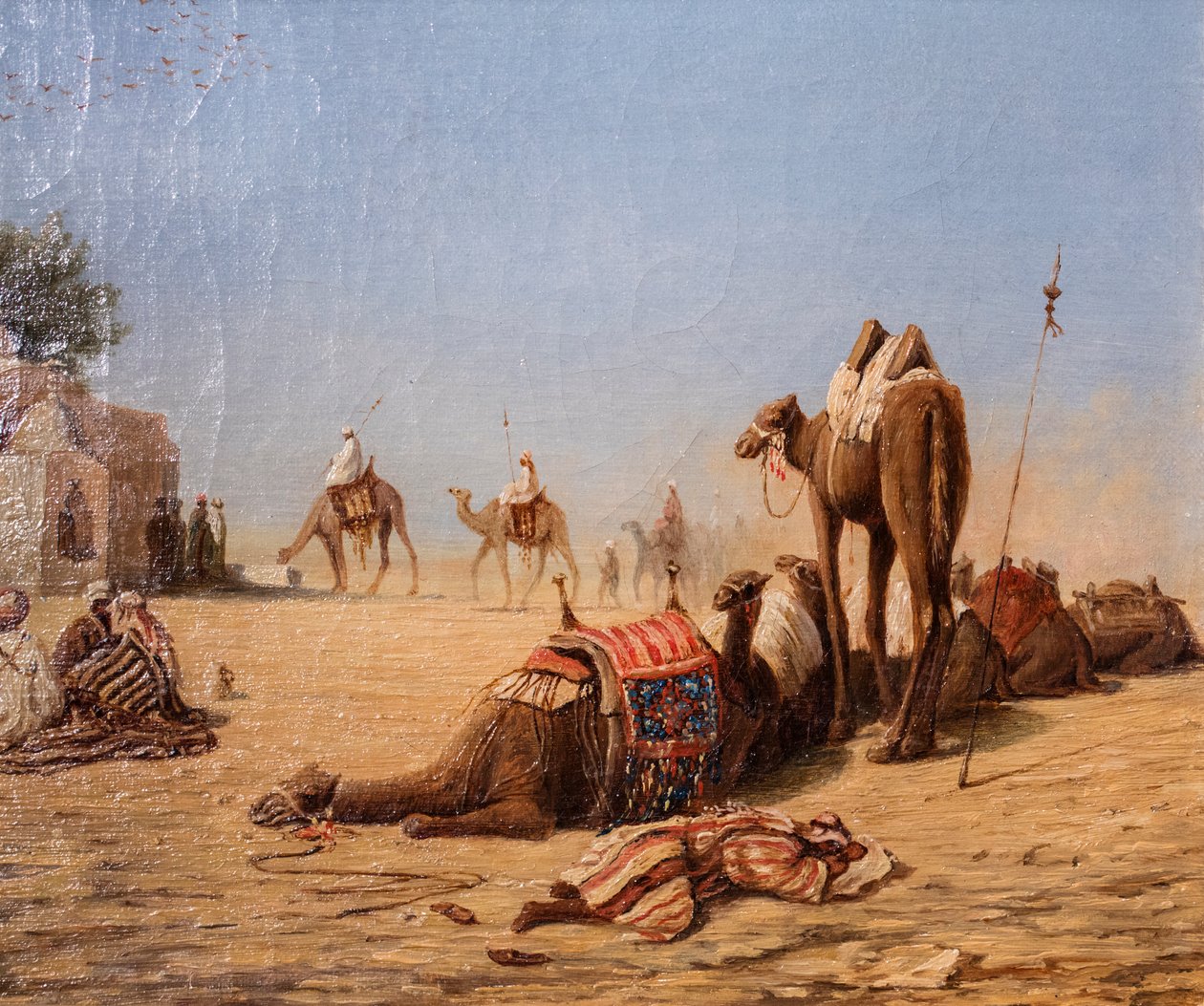 La halte des chameliers au caravanserail (olie på lærred) af Charles Theodore (1814-88) Frere