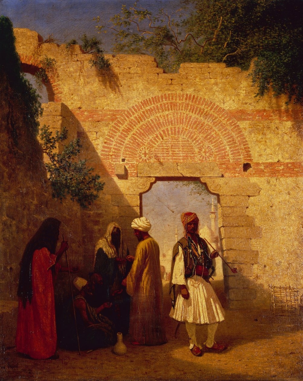 Arabere foran en port, Damaskus, Syrien (olie på lærred) af Charles Theodore  Frere