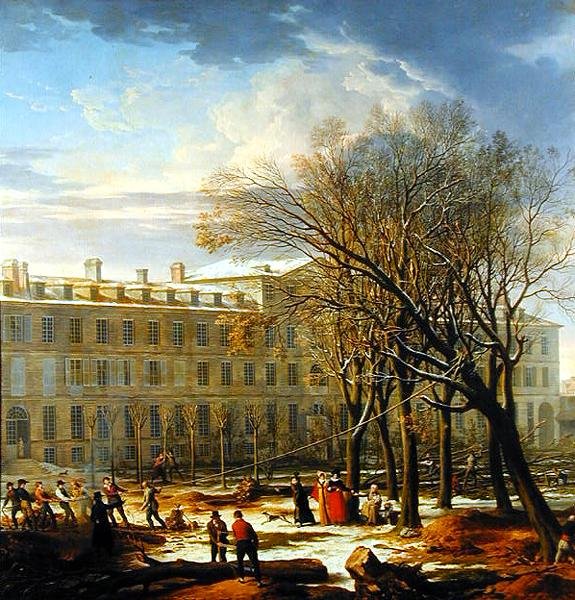 Figurer, der fælder træer uden for en bygning i Paris (olie på lærred) af Charles Thevenin