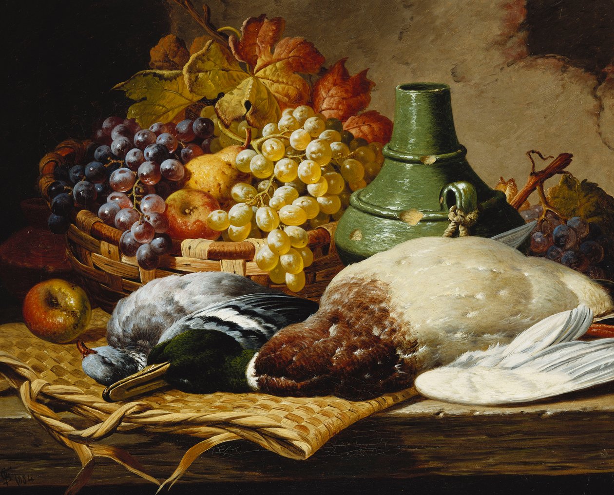 En gråand og en skovdue med en kurv med æbler og druer på en trækant, af Charles Thomas Bale