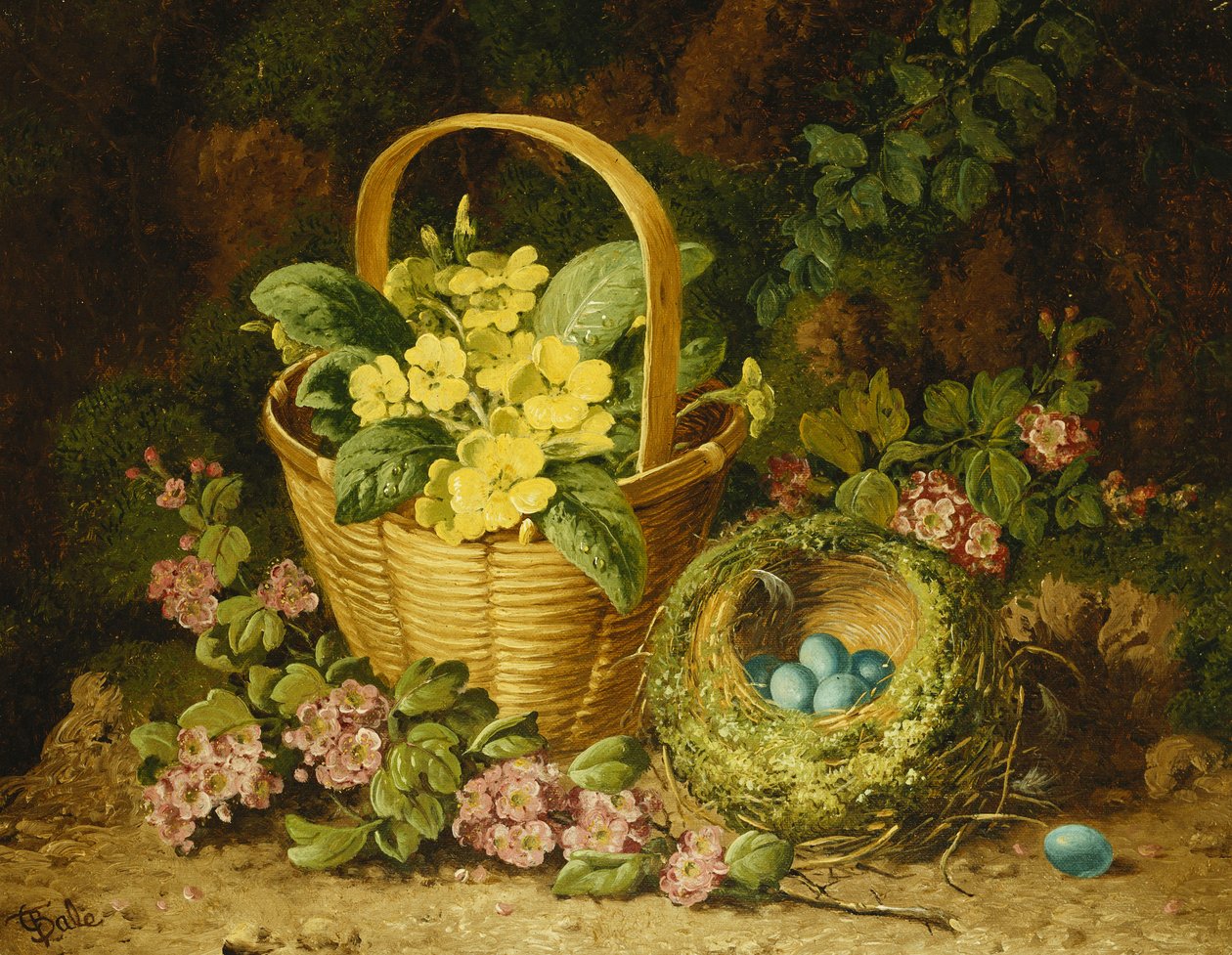 Primulaer i en kurv, japonica og en fuglerede, af Charles Thomas Bale