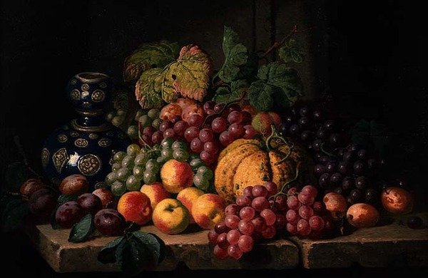 Stilleben med frugt og en blå vase (olie på lærred) af Charles Thomas Bale