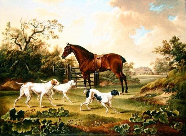 A Bay Hunter og Three Pointers in a Landscape with Lyston Hall Beyond (olie på lærred) af Charles Towne
