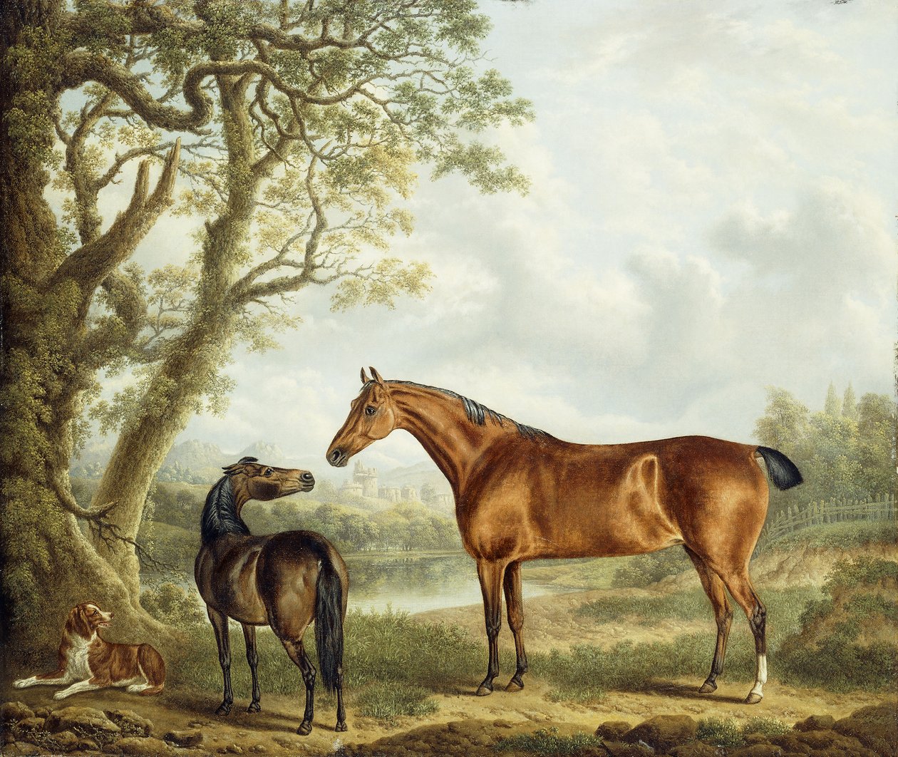 Jægere og en spaniel i et vidtstrakt landskab, 1827 af Charles Towne
