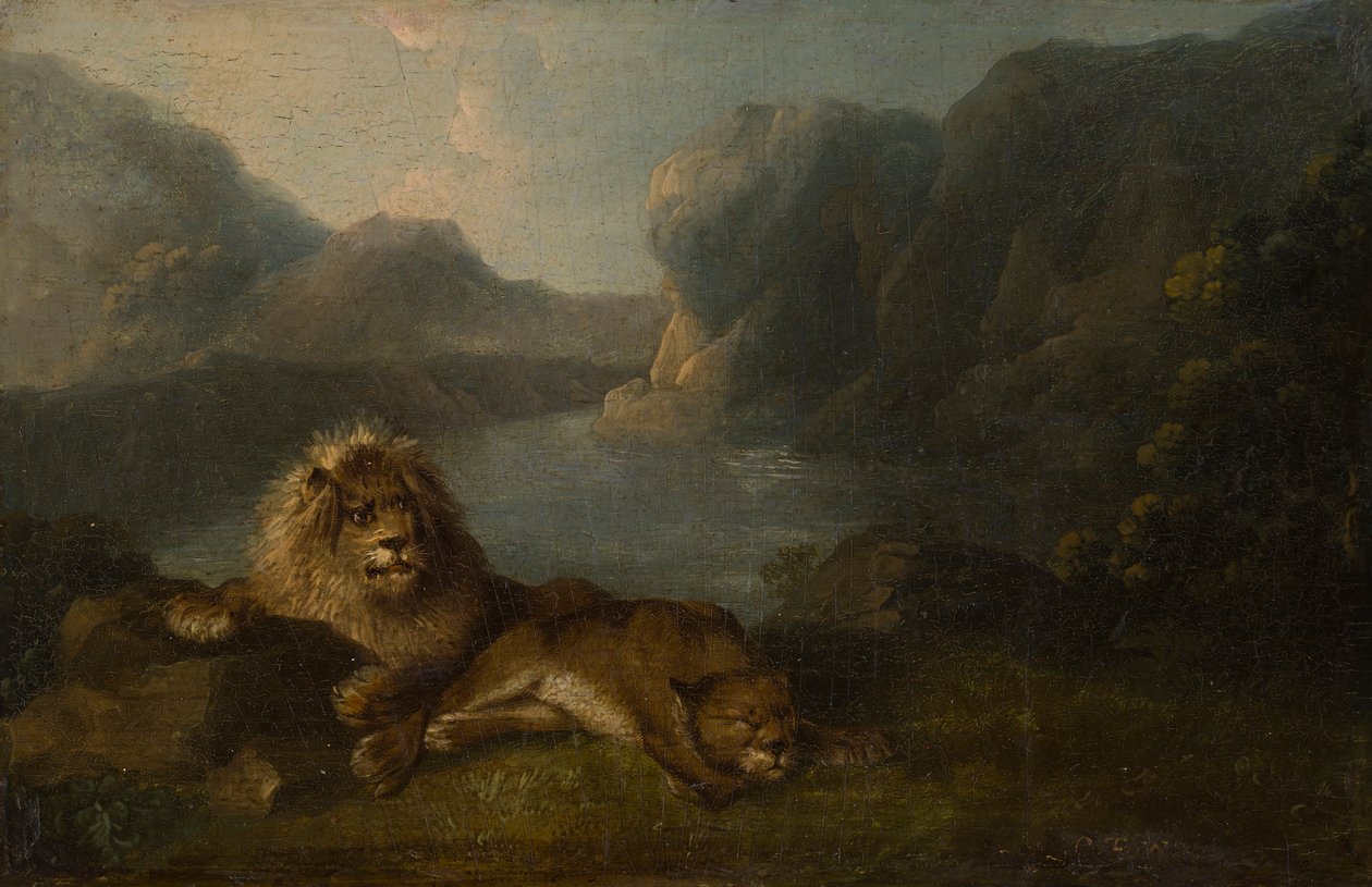 Løver i et landskab ved søen (olie på panel) af Charles Towne