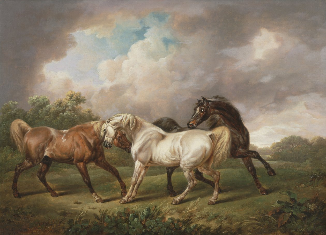 Tre heste i et stormfuldt landskab (olie på lærred) af Charles Towne