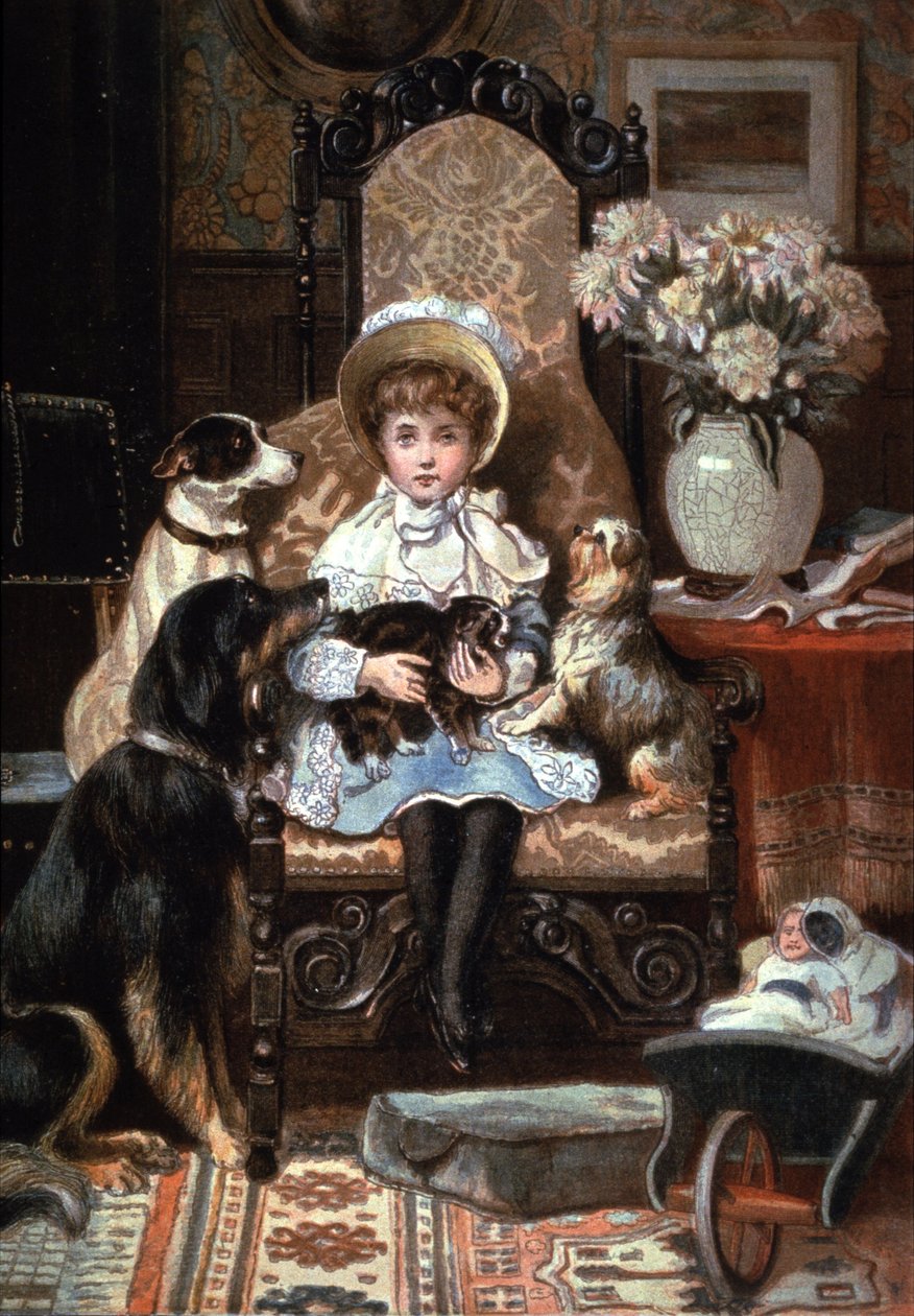 Doddy og hendes kæledyr, ca. 1885 (illustration) af Charles Trevor (after) Garland