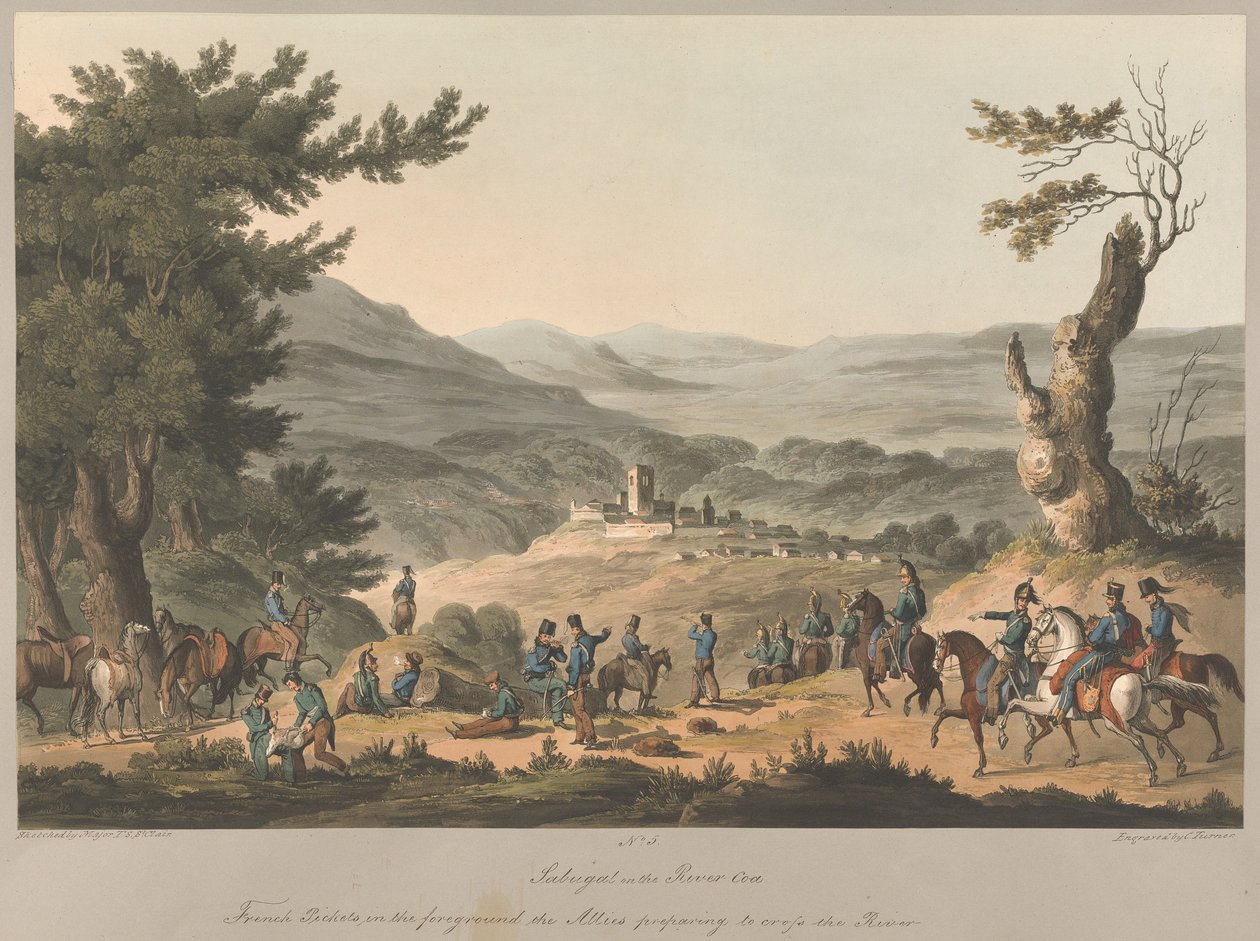 Nr. 5  Sabugal ved floden Coa. Franske vagter i forgrunden, mens de allierede gør sig klar til at krydse floden. af Charles Turner