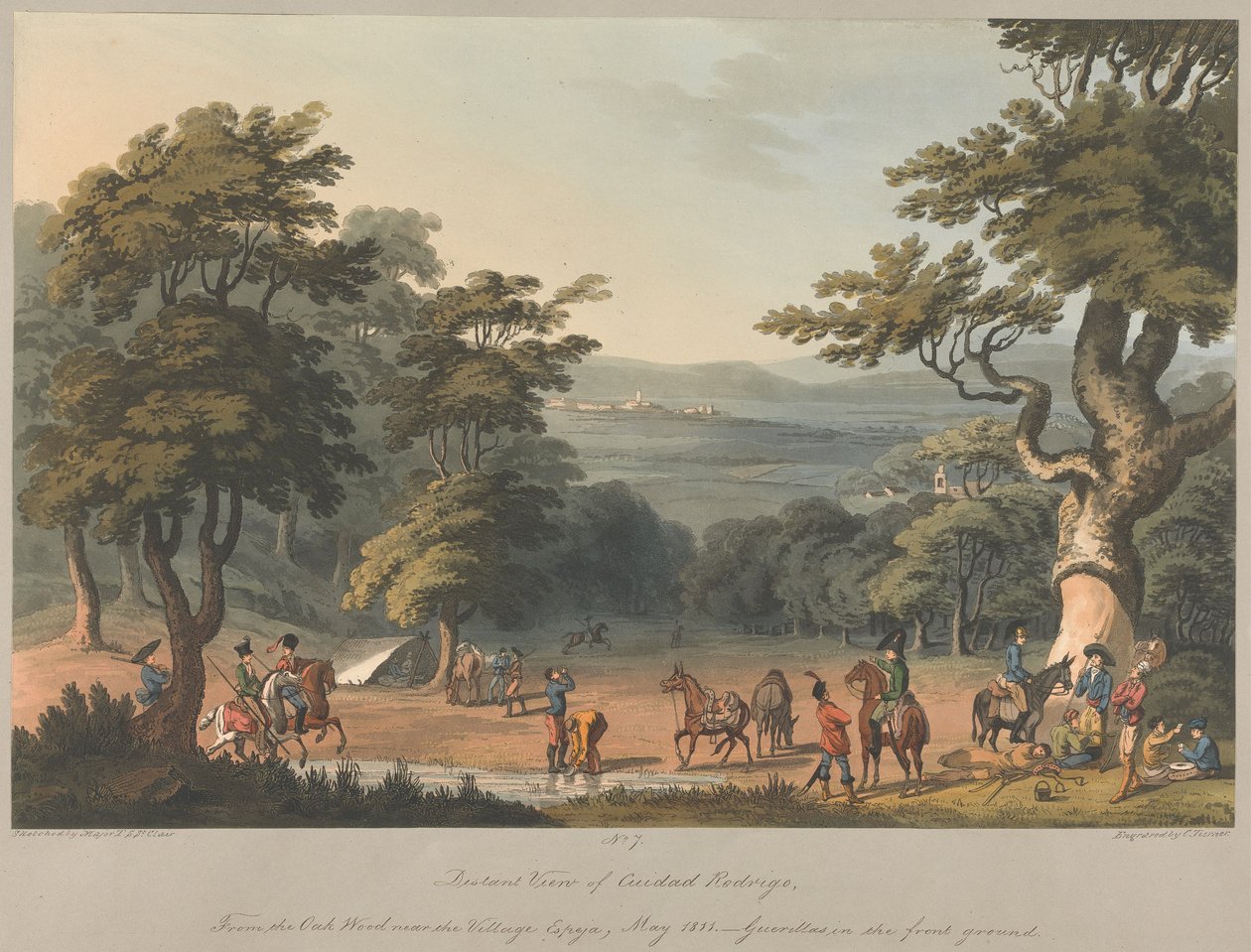 Nr. 7 Fjernudsigt over Cuidad Rodrigo fra en egeskov nær landsbyen Espeja, marts 1811 af Charles Turner
