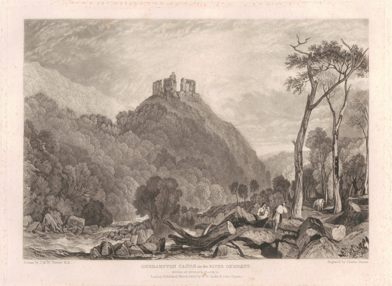 Okehampton Castle ved floden Okement af Charles Turner