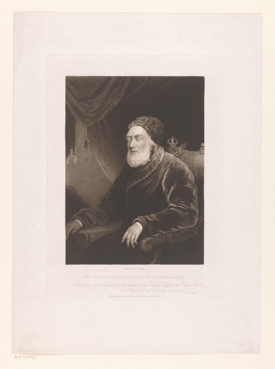Portræt af George III af Det Forenede Kongerige Hans allernådigste Majestæt George den Tredje (titel på objekt) af Charles Turner