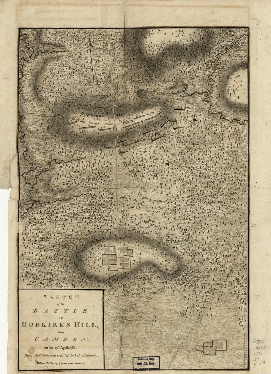 Skitse af slaget ved Hobkirks Hill, nær Camden, den 25. april, 1781, offentliggjort i London, 1794 af Charles Vallancey