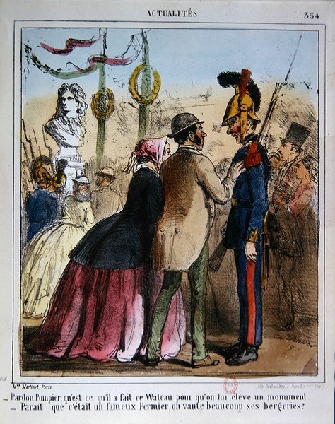 Tegneserie, der gør grin med opførelsen af en erindringsstatue af Watteau, ca. 1870 (farve litho) af Charles Vernier