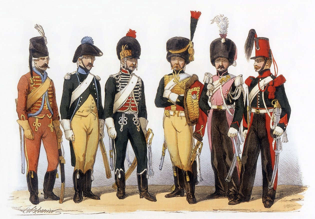 Kostumer af den franske hær: Lancers g-d: 1745 filjæger (under Louis XV); 1785 under Ludvig XVI; 1794 republik; 1810 imperiale garde (1. imperium); 1824 kongelig garde (restaurering); 1840, tegning af Charles Vernier (1831-1887). af Charles Vernier