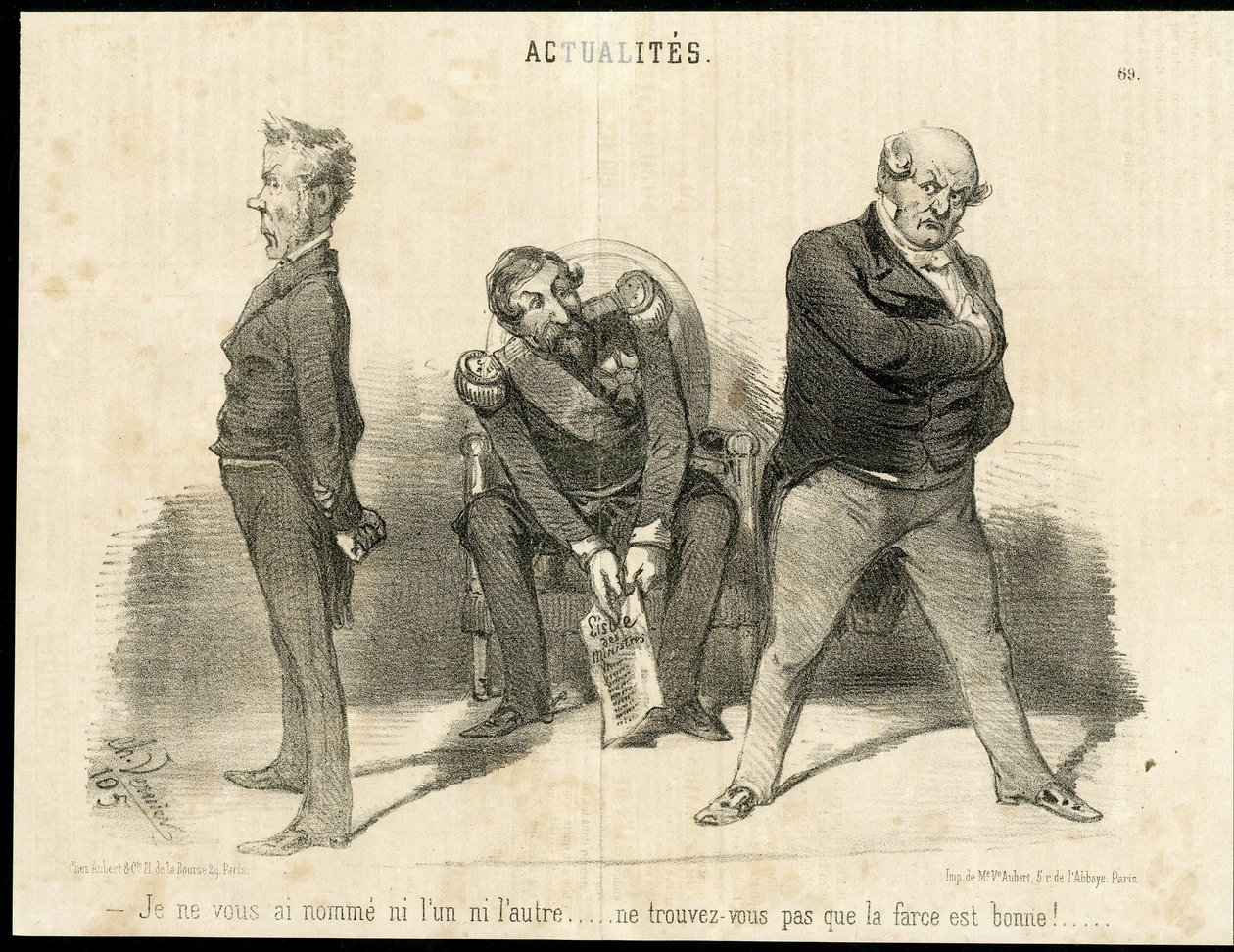 Illustration af Charles Vernier (? -1887) i Le Charivari - Republikkens præsident, Ministere, Lænestol (magtsymbol) - Napoleon III, Barrot Odilon (1791-1873), Minister, Faucher Leon (1803-1854) af Charles Vernier