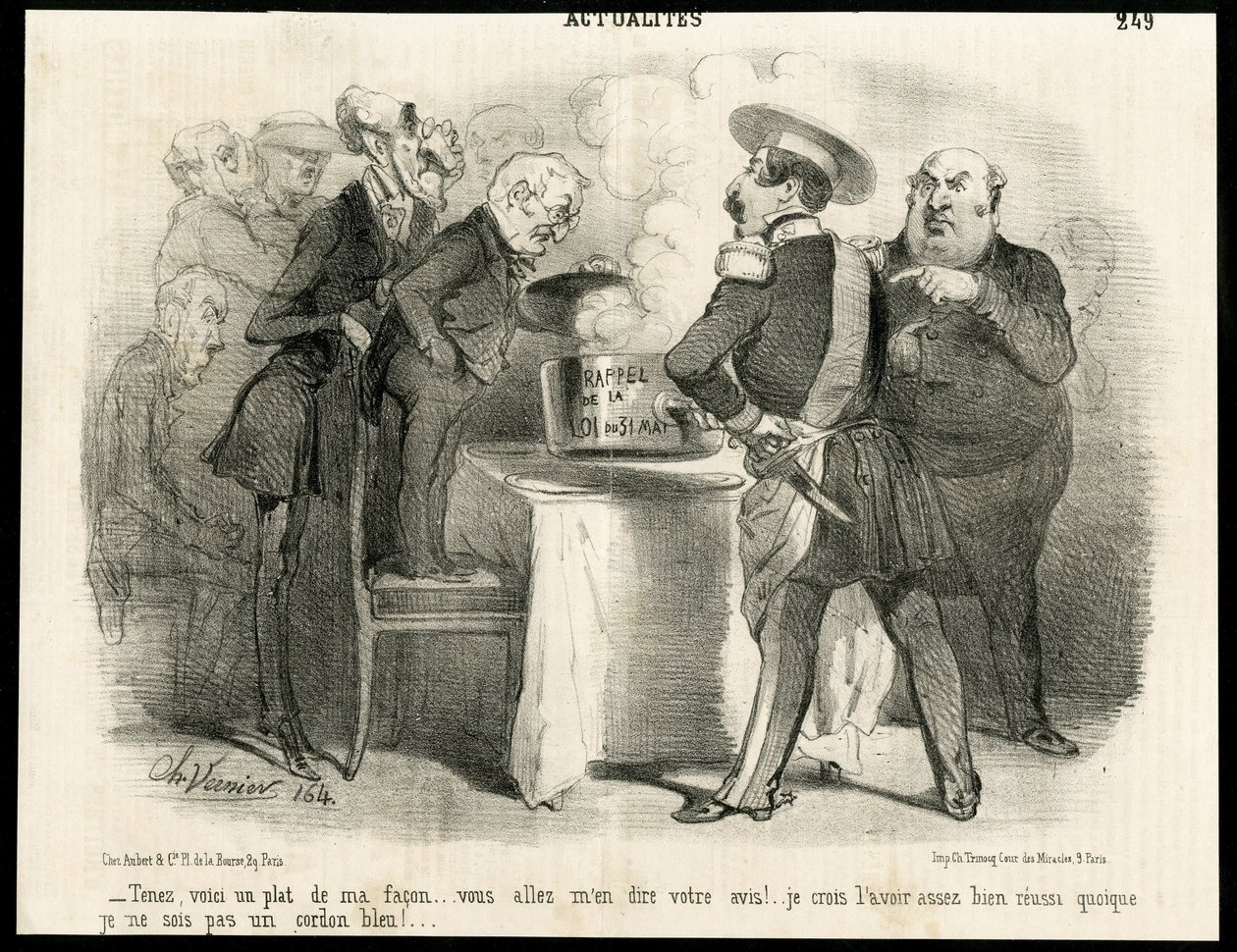 Illustration af Charles Vernier (? -1887) i Le Charivari, ca. 1851-11 - Påmindelse om loven af ​​31. maj 1850 - Valg, republikkens præsident, Størrelse, Lov, Stemmeret - Thiers Adolphe, Napoleon III, Dupin Andre- Marie den Dupins øje (1783-1865) - Mig af Charles Vernier