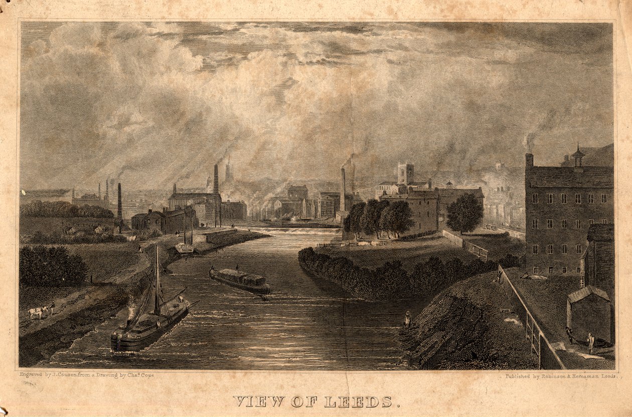 Udsigt over Leeds, graveret af J. Cousen, før 1827 (gravering) af Charles West (after) Cope