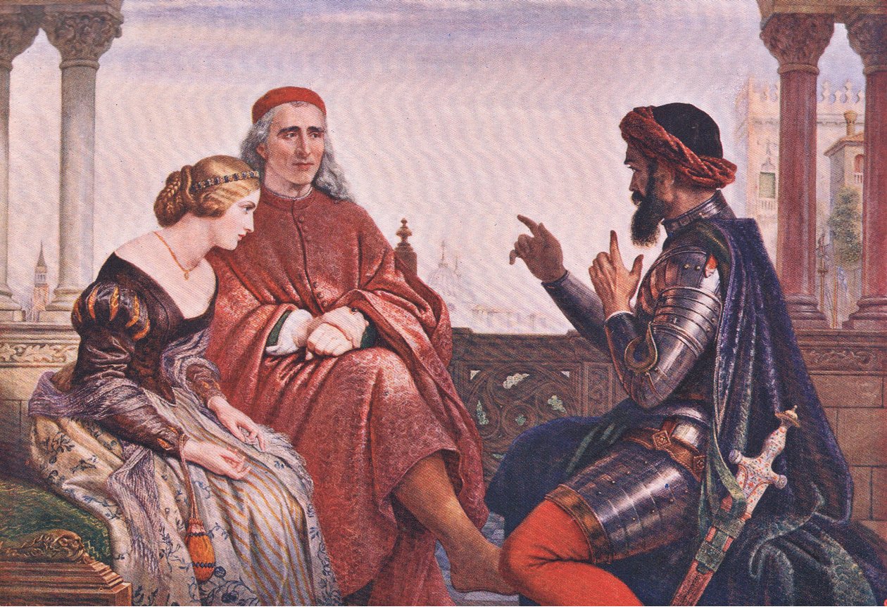Bejlen til Desdemona (Othello) "Hvori jeg talte om de mest katastrofale chancer, for at flytte ulykker ved oversvømmelse og mark" , fra The Complete Works of William Shakespeare pub.af J Coker & Co Ltd (farve litho) af Charles West Cope