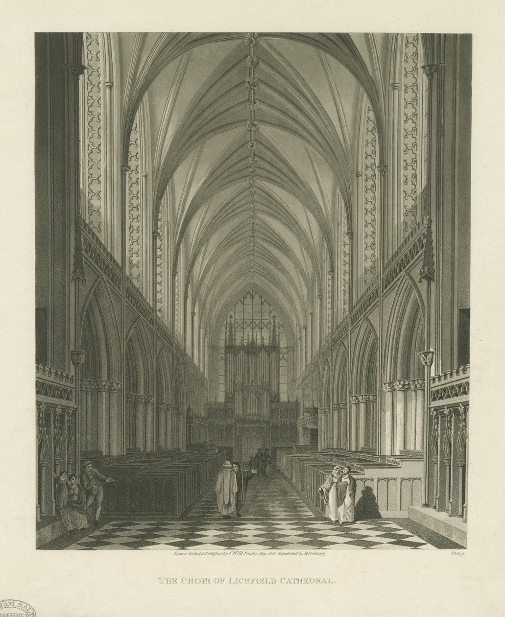 Interiør af Lichfield Cathedral - Kor: akvatintegravering af Charles Wild