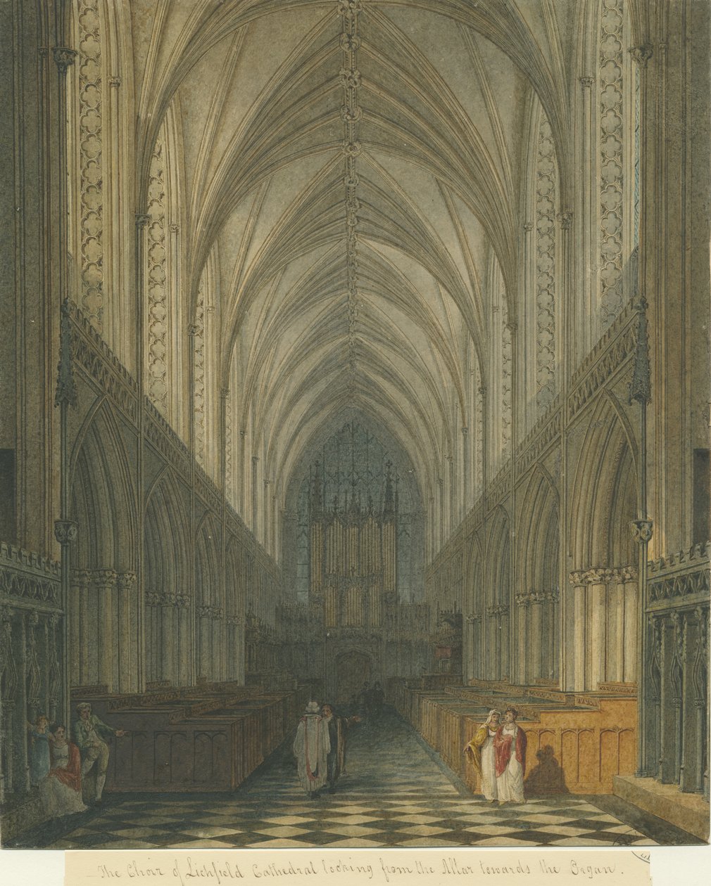 Interiør af Lichfield Cathedral - Kor: akvarelmaleri, ndc 1813] (maleri) af Charles Wild
