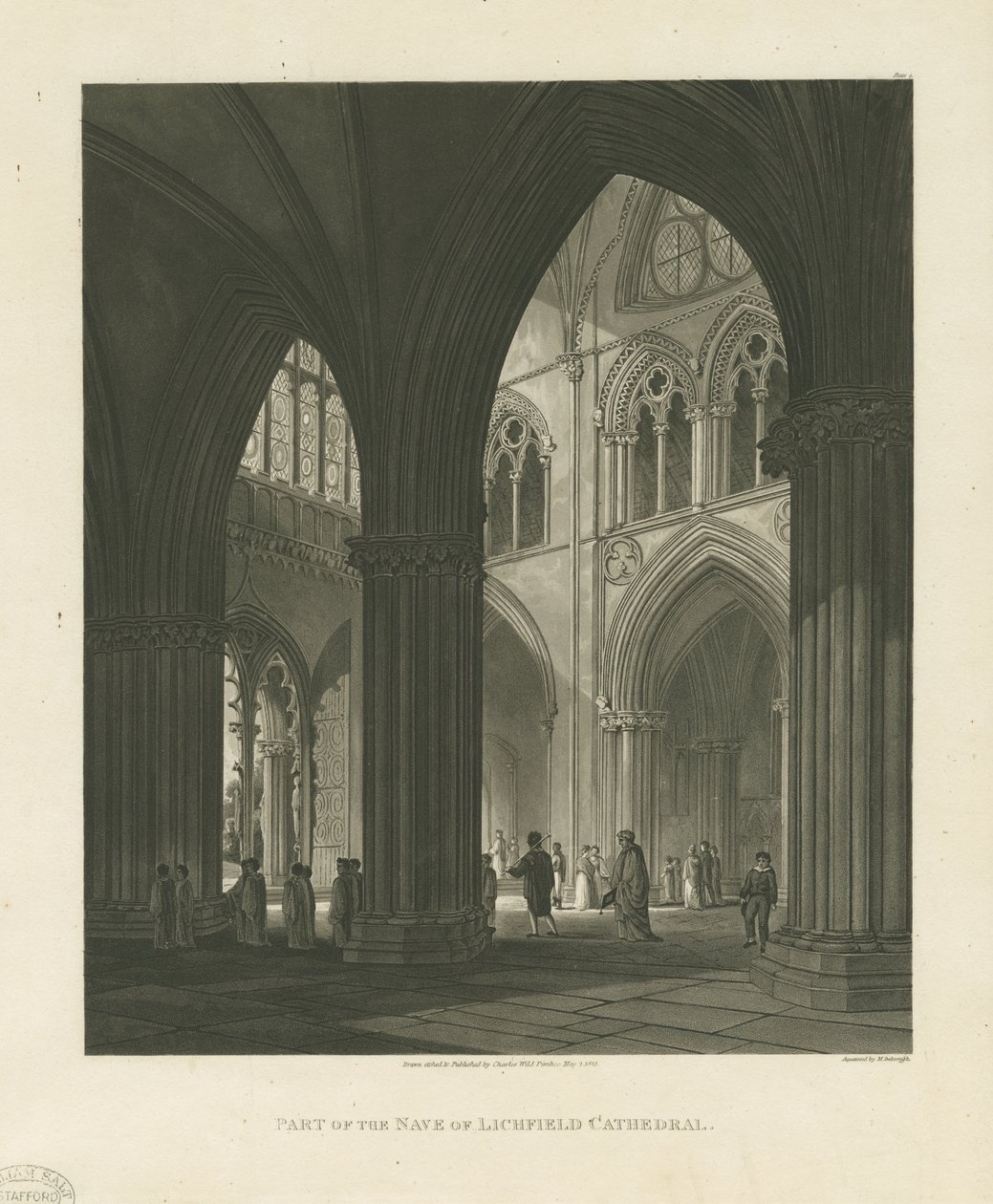 Interiør af Lichfield Cathedral - Nave: akvatintegravering af Charles Wild